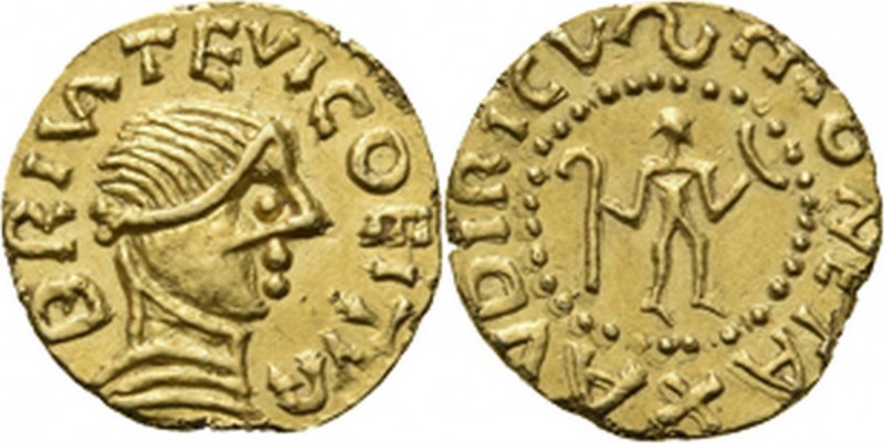 France - AV Triens n.d, Gold, Les Mérovingiens Haute Loire. Brioude. Stylized he...