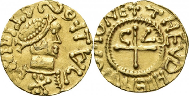 France - AV Triens ca. 570–650 AD, Gold, Les Mérovingiens Metz. Stylized head ri...