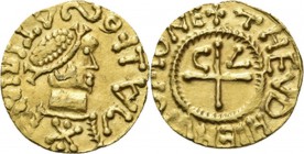 France - AV Triens ca. 570–650 AD, Gold, Les Mérovingiens Metz. Stylized head right, starlet underneath MALLOSATIRIAII. Rev. cross, C – V (⋀) in angle...