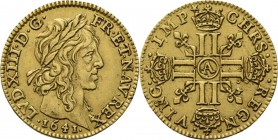 France - Demi Louis d'or aux 4 L 1641, Gold, LOUIS XIII 1610–1643 Paris mint. Laureate head right. Rev. four cruciform crowned double L's, fleur de li...