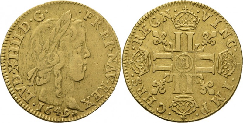 France - Louis d'or à la mèche longue 1649 B, Gold, LOUIS XIV 1643–1715 Rouen mi...