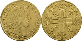 France - Louis d'or à la mèche longue 1649 B, Gold, LOUIS XIV 1643–1715 Rouen mint. Laureated bust to right, date below. Rev. eight 'L 's crowned and ...