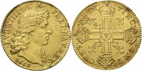 France - Louis d'or à la tête nue 1668 A, Gold, LOUIS XIV 1643–1715 Paris mint. Young head to right, sun above. Rev. cross out of four double L's, lil...