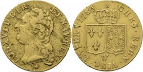 France - Louis d'or au buste nu 1786 W, Gold, LOUIS XVI 1774–1792 Lille mint. Head to left. Rev. crowned arms of France and Navarre.Fr. 475; Gad. 361;...