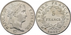 France - 5 Francs 1811 A, Silver, NAPOLÉON Ier Empereur 1804–1814 Paris Mint. Laureate head right. Rev. denomination within wreath.Gad. 584; KM. 694.1...