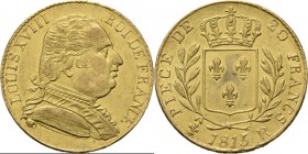 France - 20 Francs 1815 R, Gold, LOUIS XVIII 1814 & 1815–1824 London mint. Uniformed bust right. Rev. crowned arms in wreath.Fr. 531; KM 706.7.Struck ...