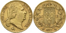 France - 20 Francs 1817, Gold, LOUIS XVIII 1814 & 1815–1824 Paris mint. Head right. Rev. crowned arms divide denomination within wreath.Gad. 1028; Fr....