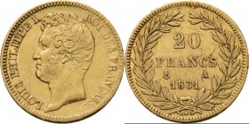 France - 20 Francs 1831 A, Gold, LOUIS-PHILIPPE Ier 1830–1848 Paris mint. Bare head left. Rev. value and date within wreath. Incuse edge lettering.KM....