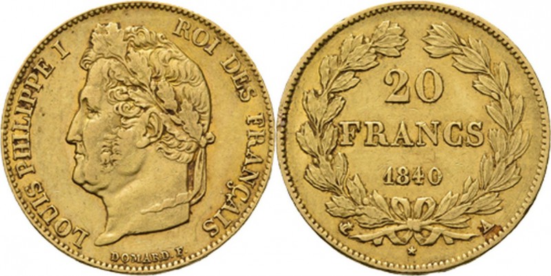 France - 20 Francs 1840 A, Gold, LOUIS-PHILIPPE Ier 1830–1848 Paris mint. Laurea...
