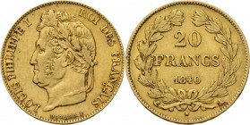France - 20 Francs 1840 A, Gold, LOUIS-PHILIPPE Ier 1830–1848 Paris mint. Laureate head left. Rev. value and date within wreath.Gad. 1031; Fr. 560 (30...