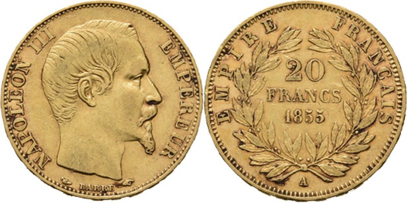 France - 20 Francs 1855 A, Gold, NAPOLÉON III 1852–1870 Paris mint. Bare head ri...