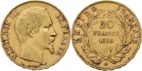 France - 20 Francs 1855 A, Gold, NAPOLÉON III 1852–1870 Paris mint. Bare head right. Rev. value and date within wreath.Fr. 573; KM. 781.1; Gad. 10616....