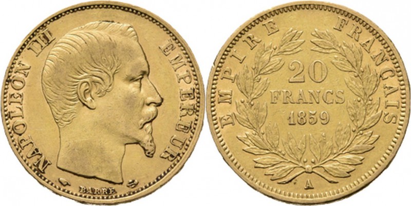 France - 20 Francs 1859 A, Gold, NAPOLÉON III 1852–1870 Paris mint. Bare head ri...
