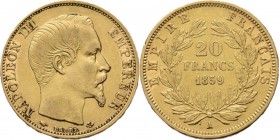 France - 20 Francs 1859 A, Gold, NAPOLÉON III 1852–1870 Paris mint. Bare head right. Rev. value and date within wreath.Fr. 573; KM. 781.1; Gad. 10616....