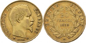 France - 20 Francs 1859 BB, Gold, NAPOLÉON III 1852–1870 Strasbourg mint. Bare head right. Rev. value and date within wreath.Fr. 574; KM. 781.2; Gad. ...