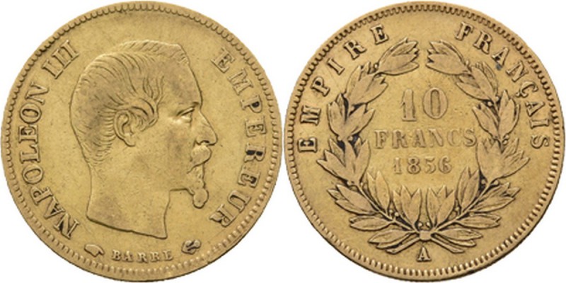 France - 10 Francs 1856 A, Gold, NAPOLÉON III 1852–1870 Paris mint. Bare head ri...