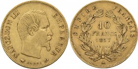 France - 10 Francs 1857 A, Gold, NAPOLÉON III 1852–1870 Paris mint. Bear head to right. Rev. value and date within wreath.Gad. 1014; Fr. 576a (313); K...