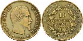 France - 10 Francs 1860 BB, Gold, NAPOLÉON III 1852–1870 Strasbourg mint. Bare head right. Rev. value and date within wreath.Fr. 577; KM. 784.4; Gad. ...