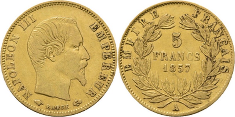 France - 5 Francs 1857 A, Gold, NAPOLÉON III 1852–1870 Paris mint. Bare head rig...