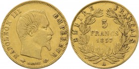 France - 5 Francs 1857 A, Gold, NAPOLÉON III 1852–1870 Paris mint. Bare head right. Rev. value and date within wreath.Fr. 578a; KM. 787.1; Gad. 10011....