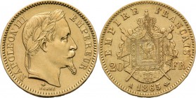 France - 20 Francs 1865 A, Gold, NAPOLÉON III 1852–1870 Paris mint. Laureate head right. Rev. imperial arms.Fr. 584; KM. 801.1; Gad. 10626.41 g. Clean...