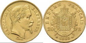 France - 20 Francs 1866 BB, Gold, NAPOLÉON III 1852–1870 Strasbourg mint. Laureate head right. Rev. imperial arms.Gad. 1062; Fr. 585 (322); KM. 801.2....