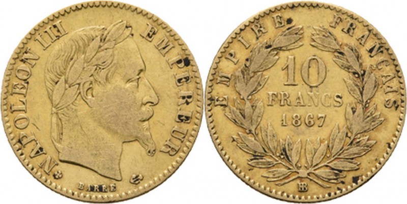 France - 10 Francs 1867 BB, Gold, NAPOLÉON III 1852–1870 Strasbourg mint. Laurea...