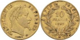 France - 10 Francs 1867 BB, Gold, NAPOLÉON III 1852–1870 Strasbourg mint. Laureate head right. Rev. value and date within wreath.Fr. 587; KM. 800.2; G...
