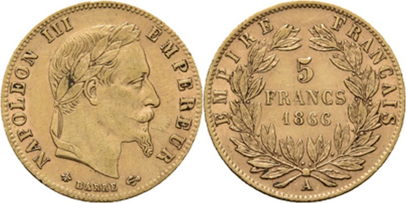 France - 5 Francs 1866 A, Gold, NAPOLÉON III 1852–1870 Paris mint. Laureate head...