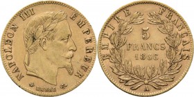 France - 5 Francs 1866 A, Gold, NAPOLÉON III 1852–1870 Paris mint. Laureate head right. Rev. value and date within wreath.Fr. 588; KM. 803.1; Gad. 100...