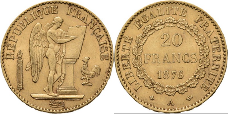 France - 20 Francs 1876 A, Gold, 3me RÉPUBLIQUE 1871–1940 Paris mint. Standing G...