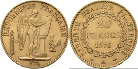 France - 20 Francs 1876 A, Gold, 3me RÉPUBLIQUE 1871–1940 Paris mint. Standing Genius writing the Constitution, rooster at right. Rev. value within wr...