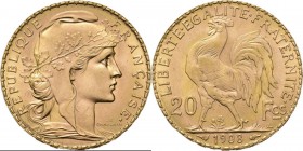 France - 20 Francs 1908, Gold, 3me RÉPUBLIQUE 1871–1940 Marianne to right. Rev. rooster.Fr. 596a; KM. 857; Gad. 1064a6.45 g Extremely fine