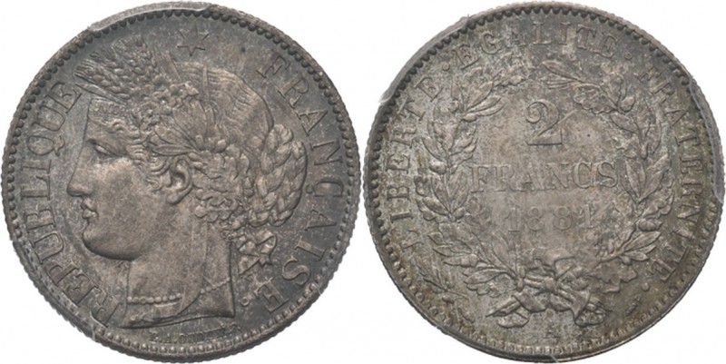 France - 2 Francs 1881 A, Silver, 3me RÉPUBLIQUE 1871–1940 Paris mint. Head to l...