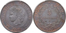 France - 5 Centimes 1876 A, Copper, 3me RÉPUBLIQUE 1871–1940 Paris mint. Head to left. Rev. value within wreath.Gad. 157a PCGS MS66 BN