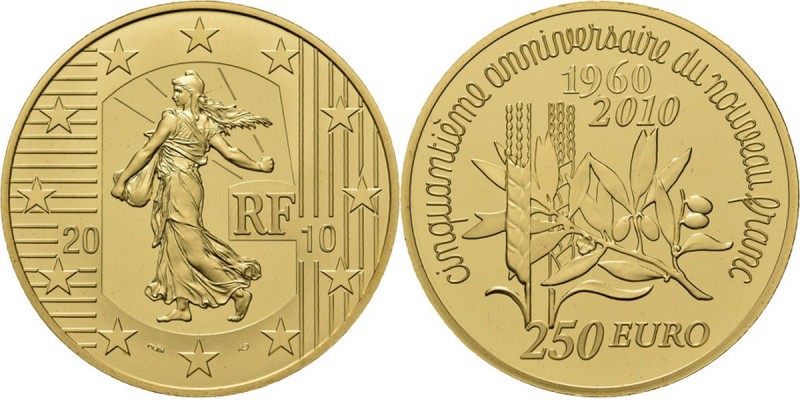 France - 250 Euros 2010, Gold, 5me RÉPUBLIQUE depuis 1959 The Seed Sower to left...