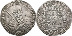 German States - Taler 1663, Silver, JOHANN GEORG II 1656–1680, SACHSEN Dresden mint. Bust right with sword and cap before. Rev. helmeted arms dividing...