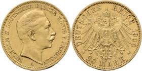 Germany - Empire - 20 Mark 1900, Gold, WILHELM II 1888–1918, PREUßEN Berlin mint. Head right. Rev. crowned imperial arms. AKS. 124; J. 252; Fr. 3831.7...