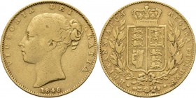 Great Britain - Sovereign 1846, Gold, VICTORIA 1837–1901 Young head over date. Rev. crowned arms between two branches. S. 3852; KM. 736.1; Fr. 387e (2...