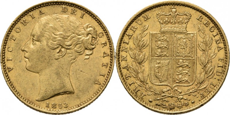 Great Britain - Sovereign 1853, Gold, VICTORIA 1837–1901 Young head over date. R...