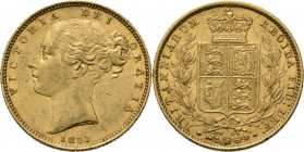 Great Britain - Sovereign 1853, Gold, VICTORIA 1837–1901 Young head over date. Rev. crowned arms between two branches. S. 3852; KM. 736.1; Fr. 387e (2...