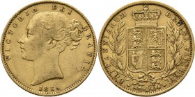 Great Britain - Sovereign 1855, Gold, VICTORIA 1837–1901 Young head over date. Rev. crowned arms between two branches. S. 3852; KM. 736.1; Fr. 387e (2...