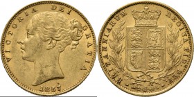 Great Britain - Sovereign 1857, Gold, VICTORIA 1837–1901 Young head over date. Rev. crowned arms between two branches. S. 3852; KM. 736.1; Fr. 387e (2...