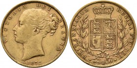 Great Britain - Sovereign 1872, Gold, VICTORIA 1837–1901 Young head over date. Rev. crowned arms between two branches. S. 3852; KM. 736.1; Fr. 387e (2...