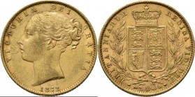 Great Britain - Sovereign 1872, Gold, VICTORIA 1837–1901 Young head over date. Rev. crowned arms between two branches. S. 3852; KM. 736.1; Fr. 387e (2...