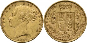 Great Britain - Sovereign 1864, Gold, VICTORIA 1837–1901 Young head over date. Rev. crowned arms between two branches. S. 3853; KM. 736.2; Fr. 387i (2...