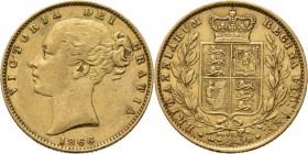 Great Britain - Sovereign 1866, Gold, VICTORIA 1837–1901 Young head over date. Rev. crowned arms between two branches. S. 3853; KM. 736.2; Fr. 387i (2...