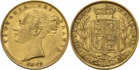 Great Britain - Sovereign 1869, Gold, VICTORIA 1837–1901 Young head over date. Rev. crowned arms between two branches. S. 3853; KM. 736.2; Fr. 387i (2...