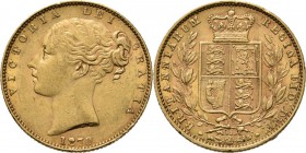 Great Britain - Sovereign 1870, Gold, VICTORIA 1837–1901 Young head over date. Rev. crowned arms between two branches. S. 3853B; KM. 736.2; Fr. 387i (...