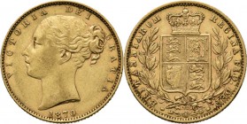 Great Britain - Sovereign 1870, Gold, VICTORIA 1837–1901 Young head over date. Rev. crowned arms between two branches. S. 3853B; KM. 736.2; Fr. 387i (...